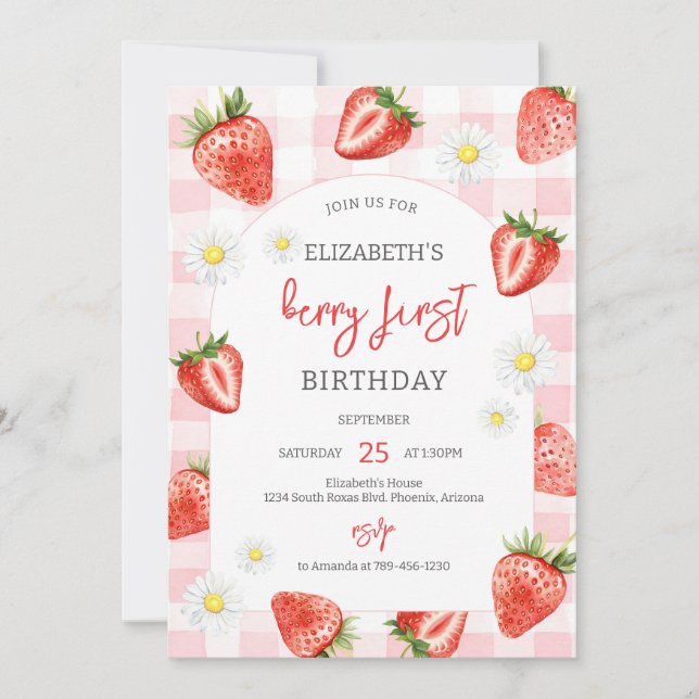 Convite Strawberry Berry First 1st Birthday Invitation (Frente)