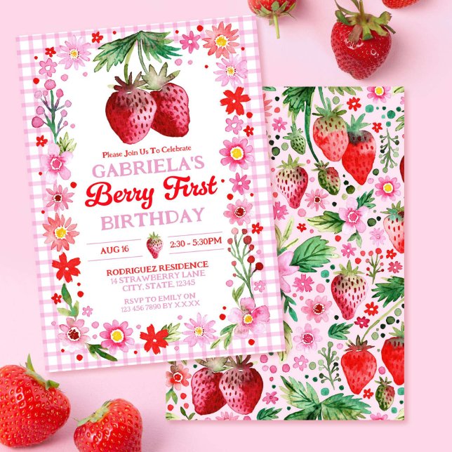 Convite Strawberry Berry First Birday Watercolor (Strawberry Berry First Birthday Watercolor Invitation)