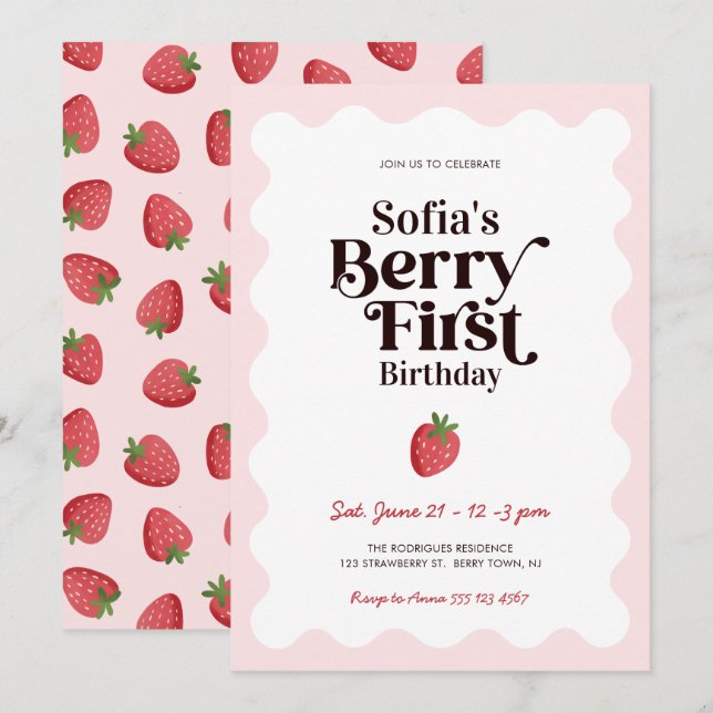 Convite Strawberry Berry First Birthday (Frente/Verso)