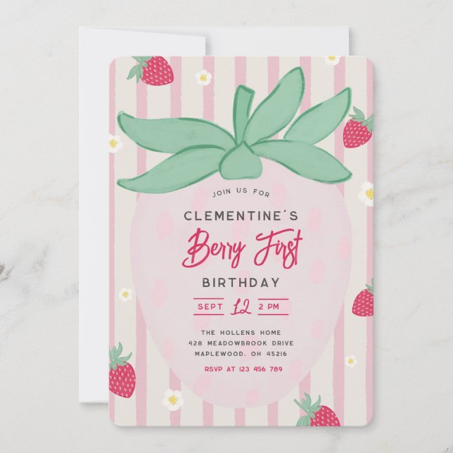 Convite Strawberry Berry First Birthday Invitation (Frente)