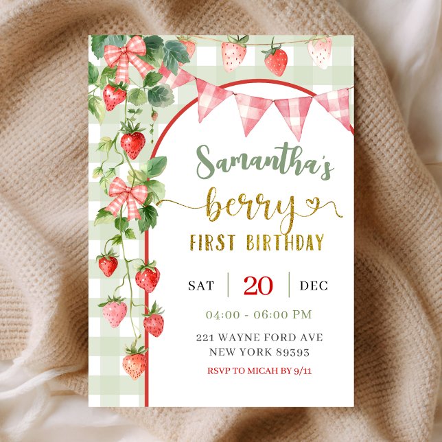Convite Strawberry Berry First Birthday Invitation (Criador carregado)
