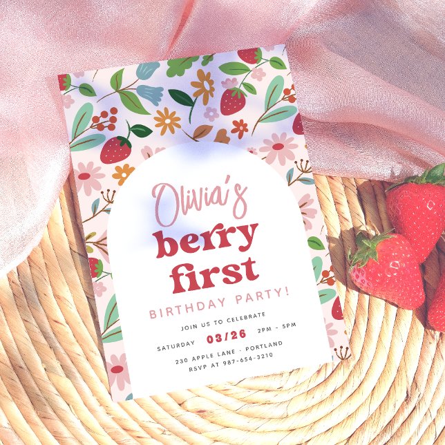 Convite Strawberry Berry First Festa de aniversário (Card Front Mock-up)