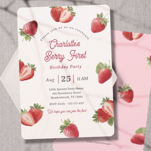 Convite Strawberry Berry First Girl 1st Birthday (Modern Berry First-Strawberry Themed Girl 1st Birthday invitation for Spring Birthday party.)
