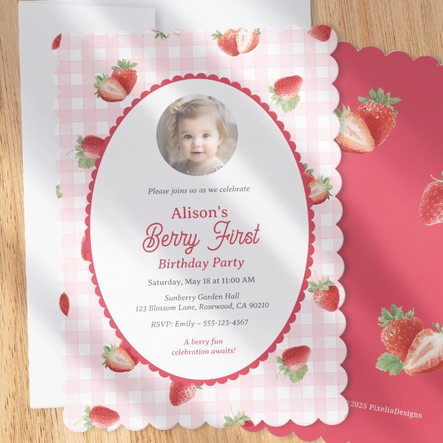 Convite Strawberry-Berry First Girl 1st Birthday Photo (Strawberry Themed Berry First Birthday invitation with photo.)