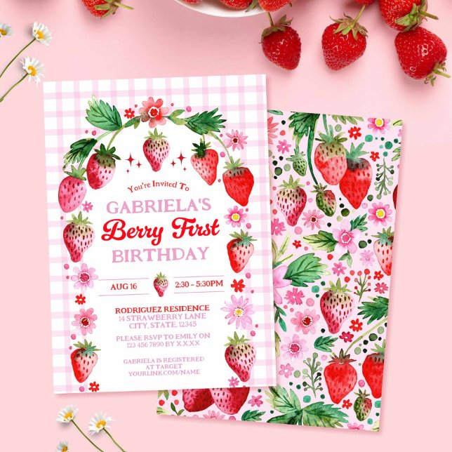 Convite Strawberry Berry primeiro aniversario Watercolor (Strawberry Berry 1st Birthday Watercolor Invitation)