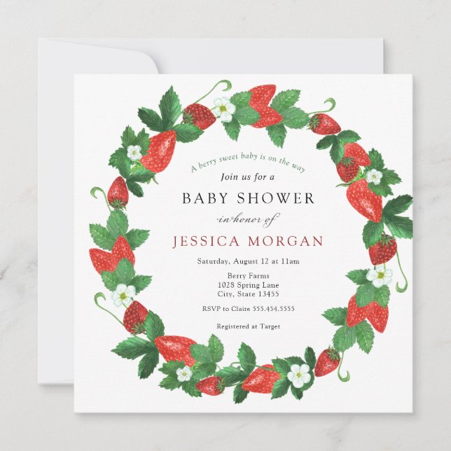 Convite Strawberry Berry Sweet Chá de fraldas (Frente)