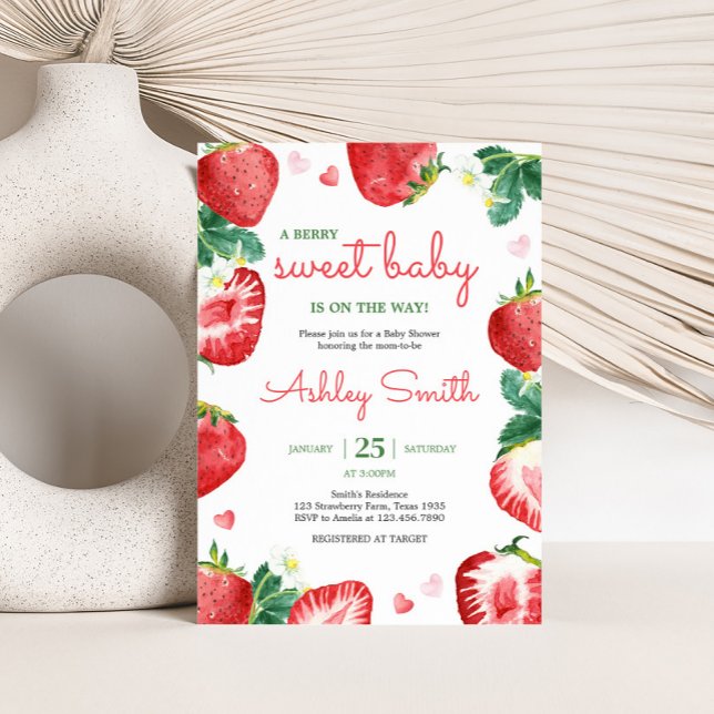 Convite Strawberry Berry Sweet Chá de fraldas (A Berry Sweet Strawberry Baby Shower Invitation)