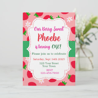Convite Strawberry Berry Sweet First Birthday Invitation