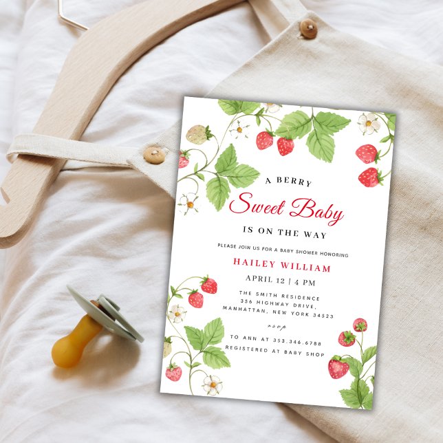 Convite Strawberry Berry Sweet Greenery Chá de fraldas (Strawberry Berry Sweet Greenery Baby Shower Invitation)