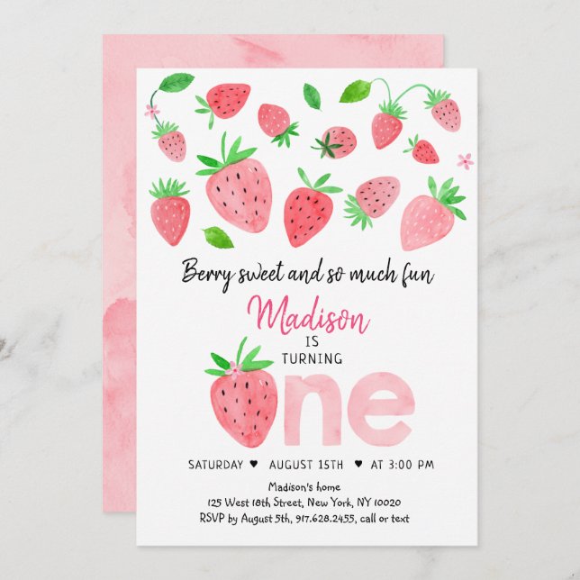 Convite Strawberry Berry Sweet Primeiro Aniversário (Frente/Verso)