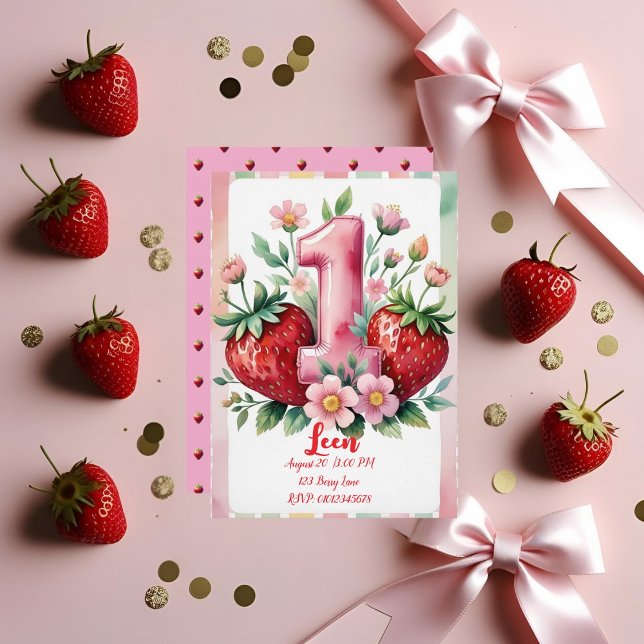 Convite Strawberry Birthday Invitation | Cute Pink Red Gir (Criador carregado)