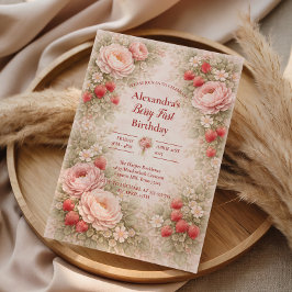 Convite Strawberry Blush Garden Celebration 1st Birthday