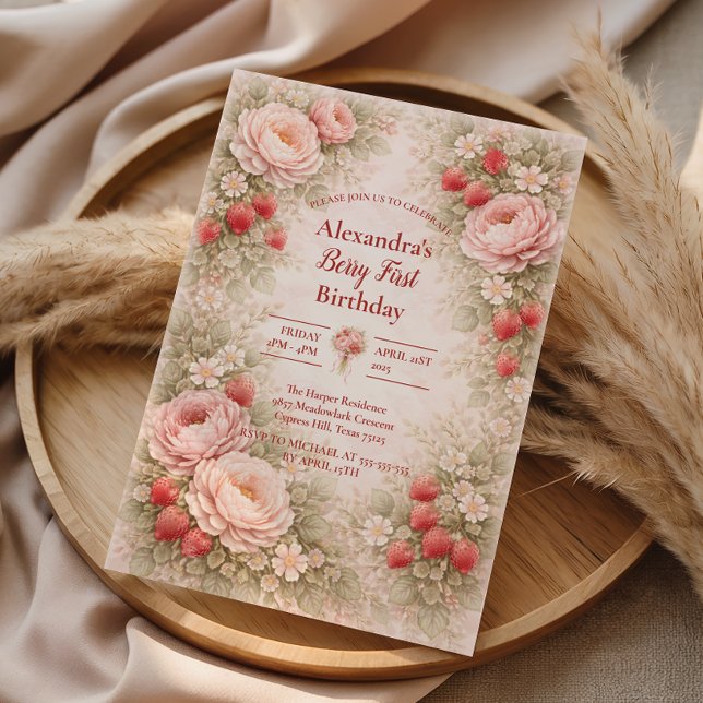 Convite Strawberry Blush Garden Celebration 1st Birthday (Criador carregado)