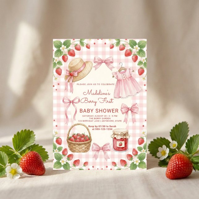 Convite Strawberry bow baby shower First Berry Sweet (Criador carregado)