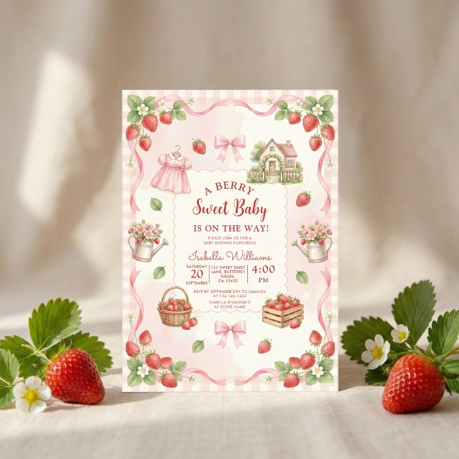 Convite Strawberry bow baby shower First Berry Sweet (Criador carregado)