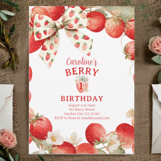 Convite Strawberry Bow Girls Berry First Birthday (Criador carregado)