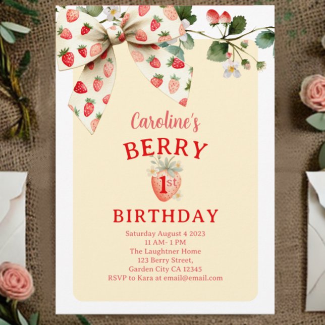 Convite Strawberry Bow Girls Berry First Birthday (Criador carregado)