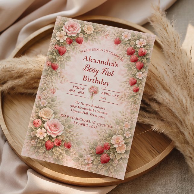 Convite Strawberry Garden Floral 1st Birthday (Criador carregado)