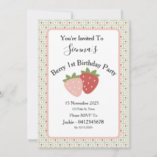 Convite Strawberry Gingham First Birthday Party