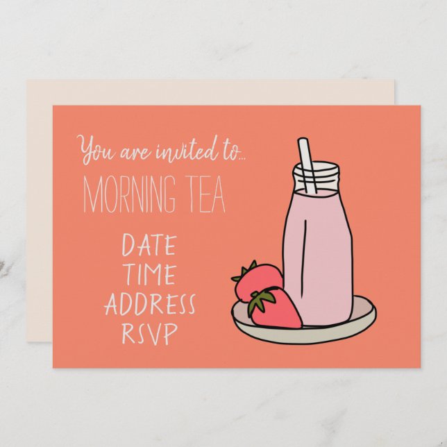 Convite Strawberry Milkshake retro rosa Chá de manhã (Frente/Verso)