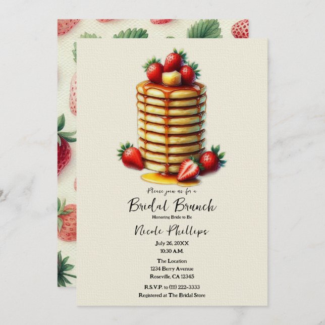 Convite Strawberry Pancakes Stack Bridal BrunChá (Frente/Verso)
