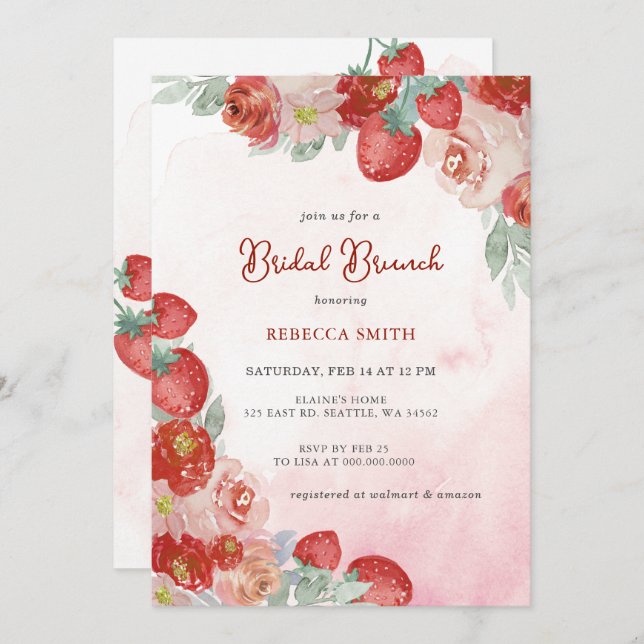 Convite Strawberry Themed Bridal BrunParty (Frente/Verso)