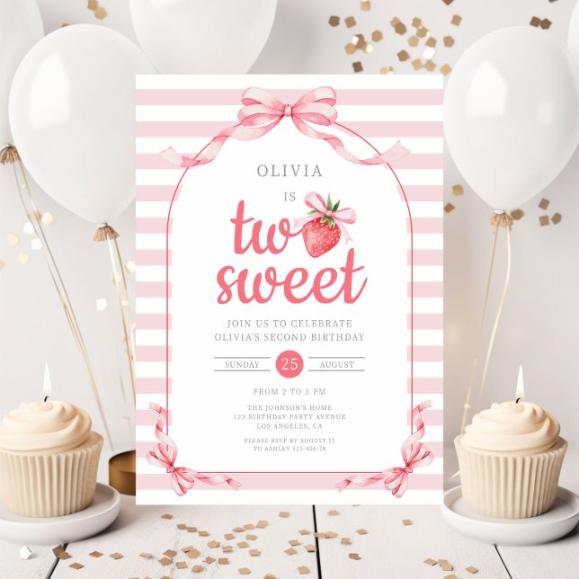 Convite Strawberry Two Sweet Girl 2nd Birthday (Strawberry Two Sweet Girl 2nd Birthday Invitation)