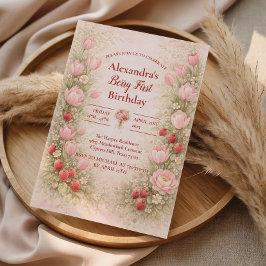 Convite Strawberry Vintage Floral Theme 1st Birthday