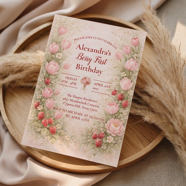 Convite Strawberry Vintage Floral Theme 1st Birthday (Criador carregado)