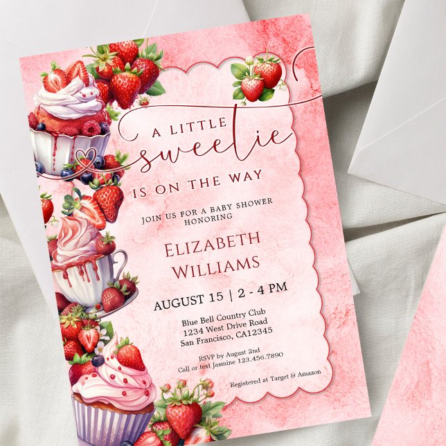 Convite Strawberry Watercolor Sweetie Baby Shower (Criador carregado)