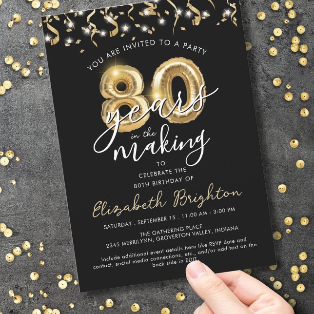 Convite Streamers de Balões de Script de Aniversário do 80 (Criador carregado)