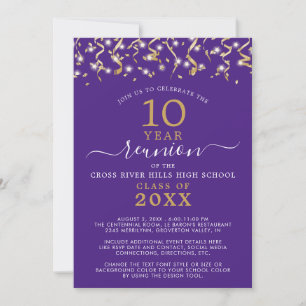 Convite Streamers de Confetti Dourado Roxo de Reunião de C