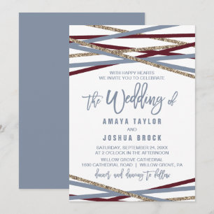 Convite Streamers de Dusty Blue e Cranberry Casamento de