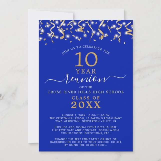 Convite Streamers Royal Blue Dourado Confetti da Reunião d (Frente)
