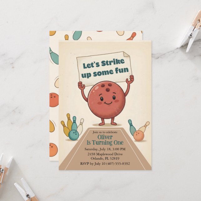 Convite Strike Up Some Fun Bowling Party Boy 1st Birthday (Frente/Verso In Situ)