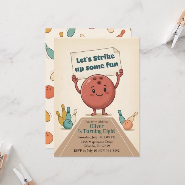 Convite Strike Up Some Fun Bowling Party Boy 8th Birthday (Frente/Verso In Situ)