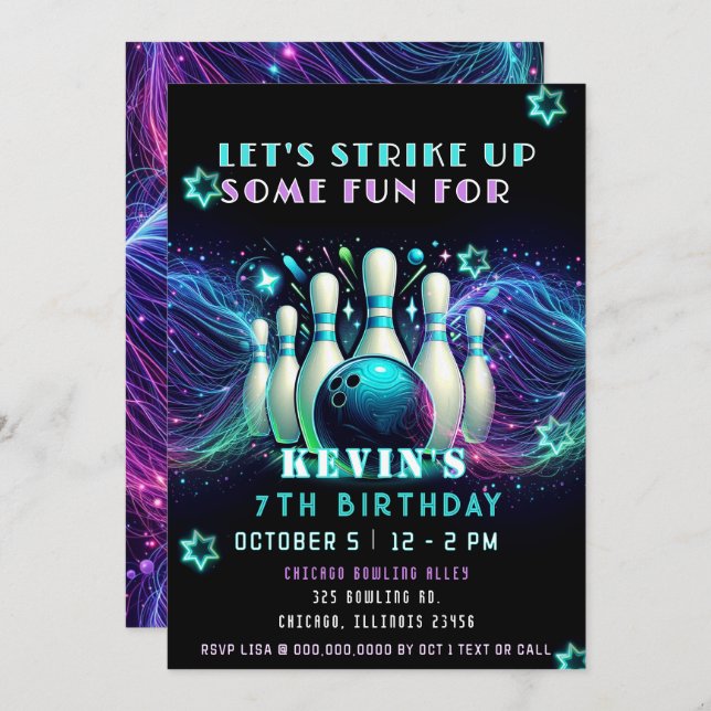 Convite Strike Up Some Fun Neon Glow Bowling Birthday (Frente/Verso)