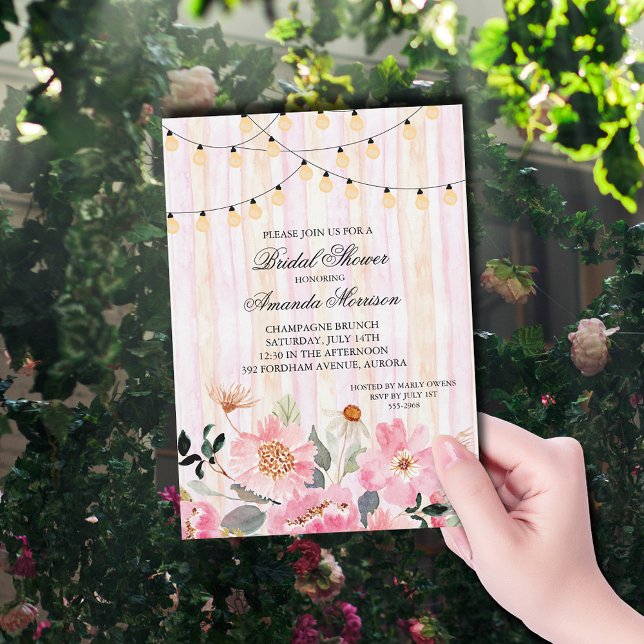 Convite String de Chá de panela Floral das Luzes (String of lights and pink garden flowers bridal shower invitations)