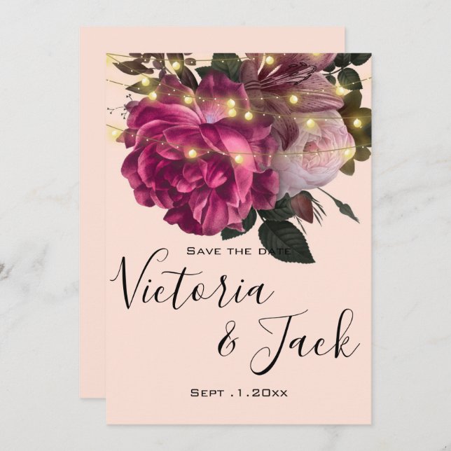 Convite string light Flor Burgundy salvar as datas (Frente/Verso)