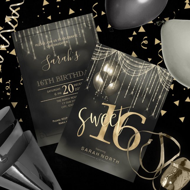 Convite String Lights & Balloons Sweet 16 Black/Dourado ID (Front/Back In Situ)