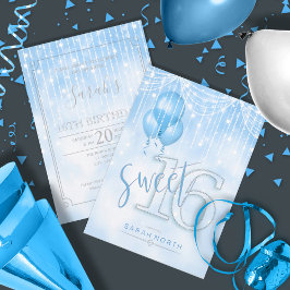 Convite String Lights & Balloons Sweet 16 Lt. Blue ID473