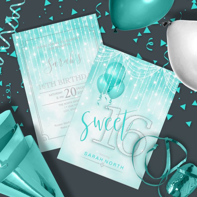 Convite String Lights & Balloons Sweet 16 Teal ID473 (Front/Back In Situ)