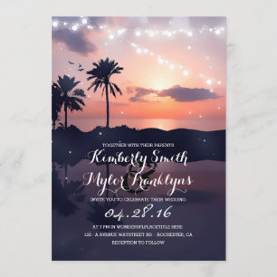 Convite String Lights Beach Palms Sunset Casamento