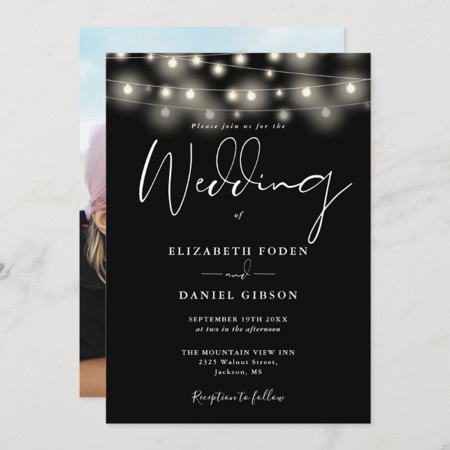 Convite String Lights Black And White Photo Wedding (Frente/Verso)