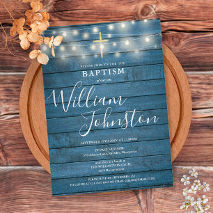 Convite String Lights Blue Rustic Wood Baptism Christening