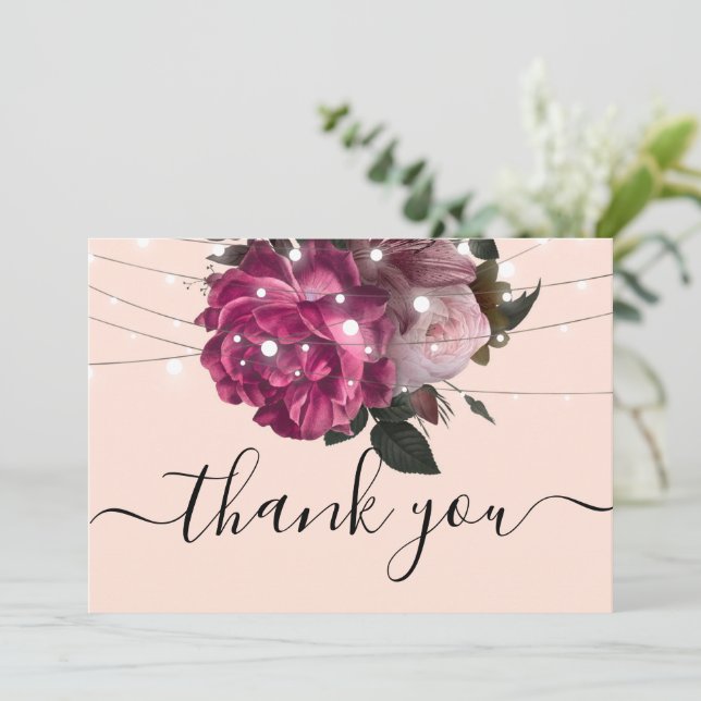 Convite String Lights Burgundy Flowers te obrigado (Em pé/Frente)