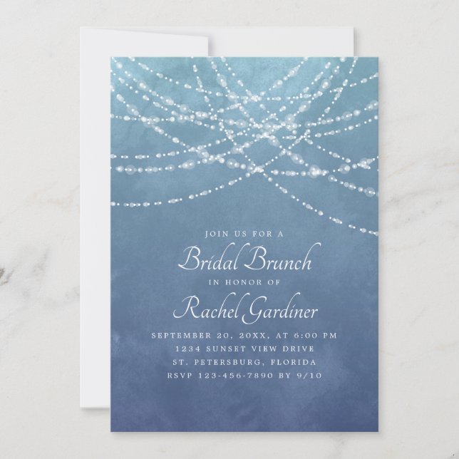 Convite String Lights Dusty Blue Bridal Brunch (Frente)