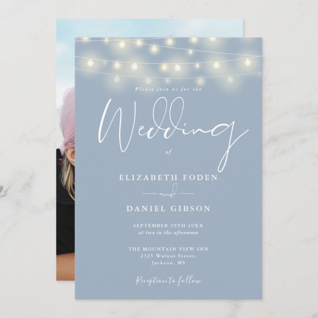 Convite String Lights Dusty Blue Photo Wedding (Frente/Verso)