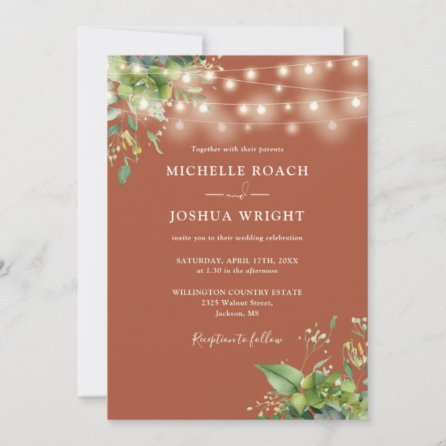 Convite String Lights Greenery Terracotta Código QR Casame (Frente)