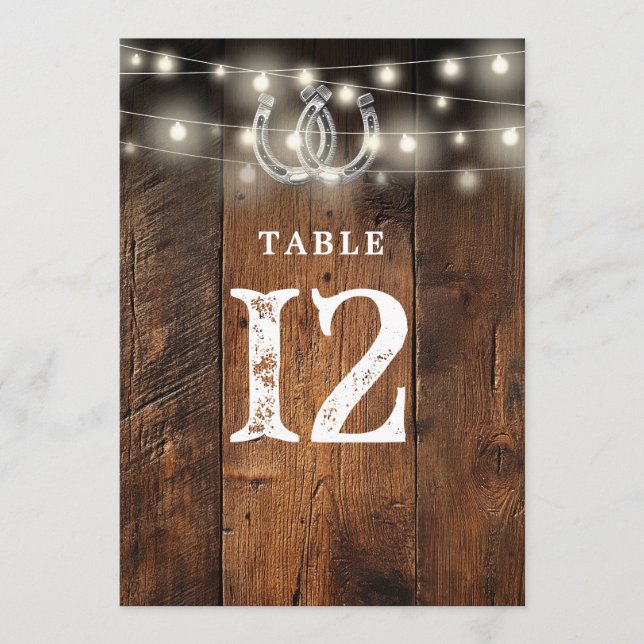 Convite String Lights Horseshoes Barn Wood Table Number (Frente)